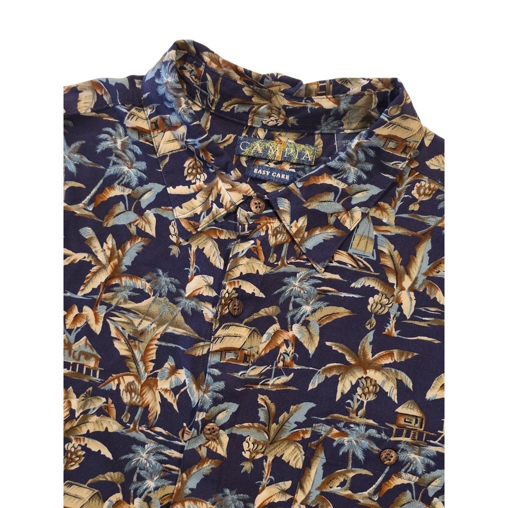 Campia Hawaiian Shirt Mens XL Rayon Navy Tropical Palm Beach Button Up